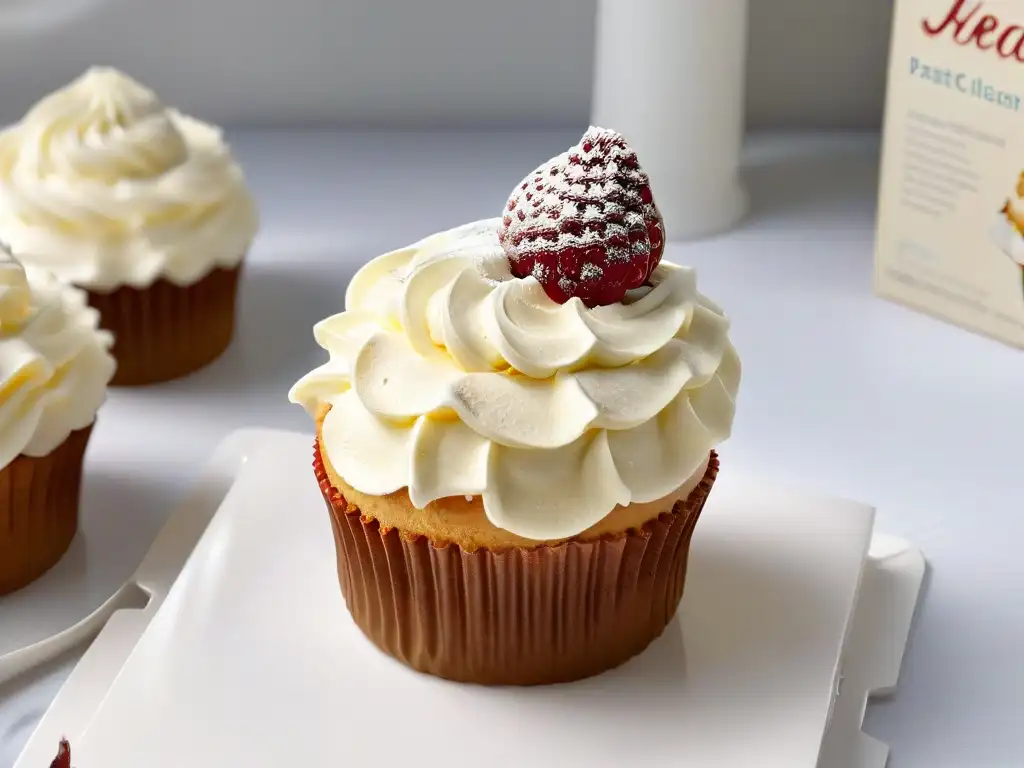 Cupcake dorado con xilitol en plato blanco, fondo de cocina pastel