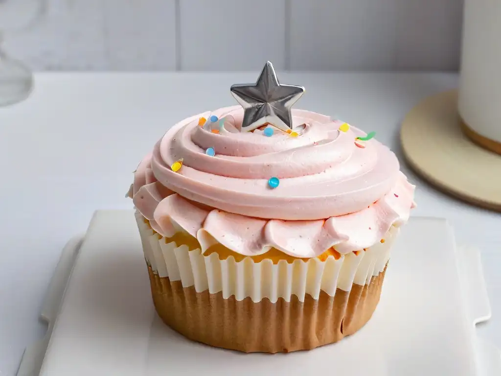 Un cupcake de Magnolia Bakery con frosting rosa y confeti, en un plato blanco