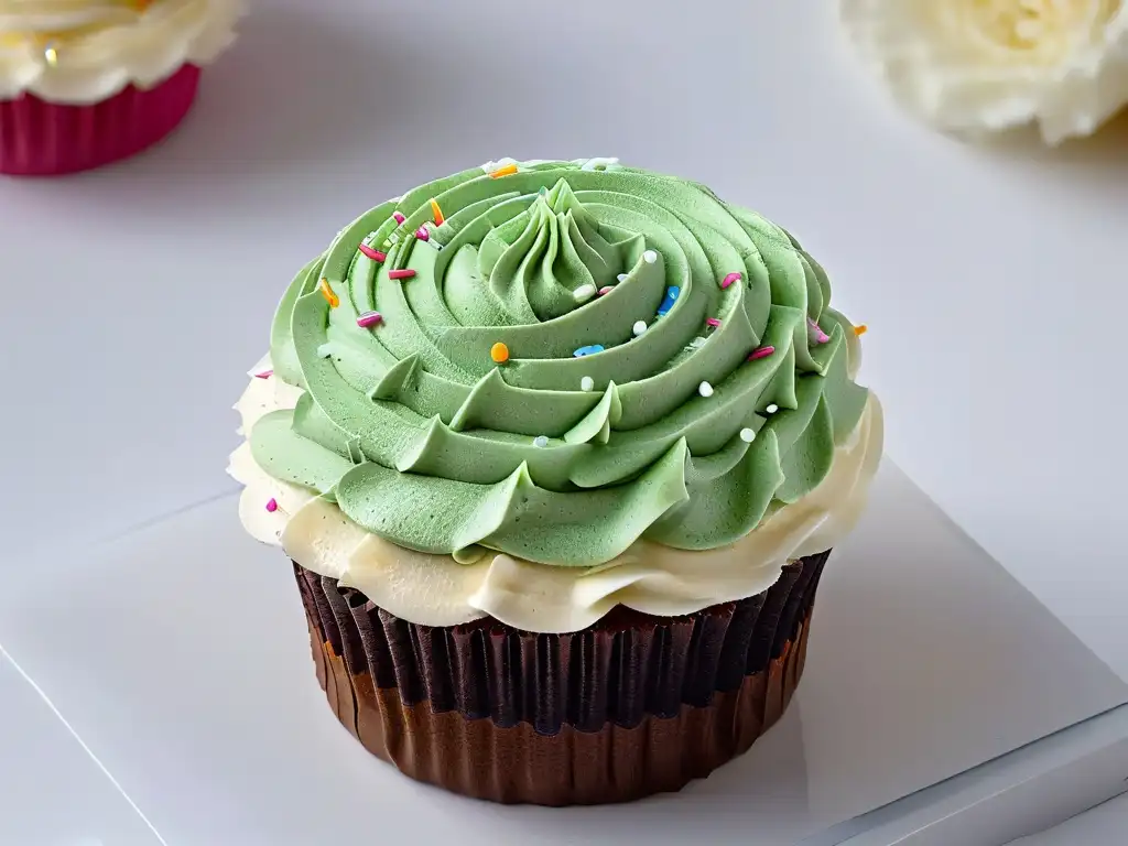 Cupcake perfectamente glaseado con detalles vibrantes Un cupcake perfectamente glaseado con coloridos sprinkles en un patrón degradado, sobre fondo blanco