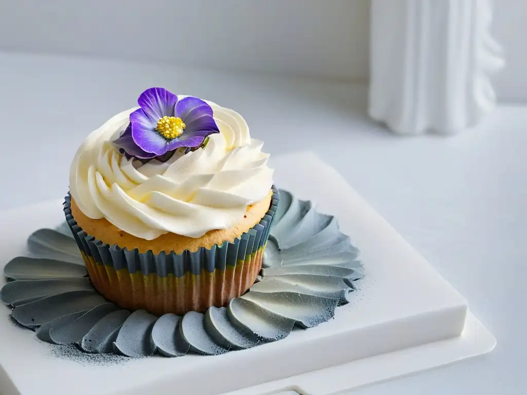 Un cupcake perfectamente glaseado con una flor comestible, sobre una encimera de mármol