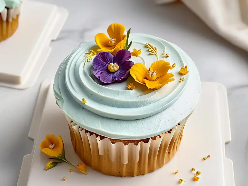 Un cupcake perfectamente glaseado con flores comestibles y hojuelas doradas, sobre mármol blanco