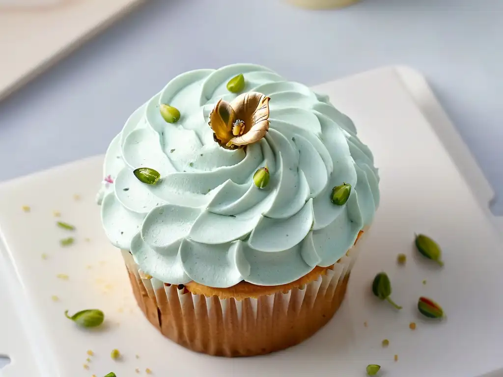 Cupcake gourmet saludable con frosting de yogurt y miel, pistachos y flor comestible en mármol blanco