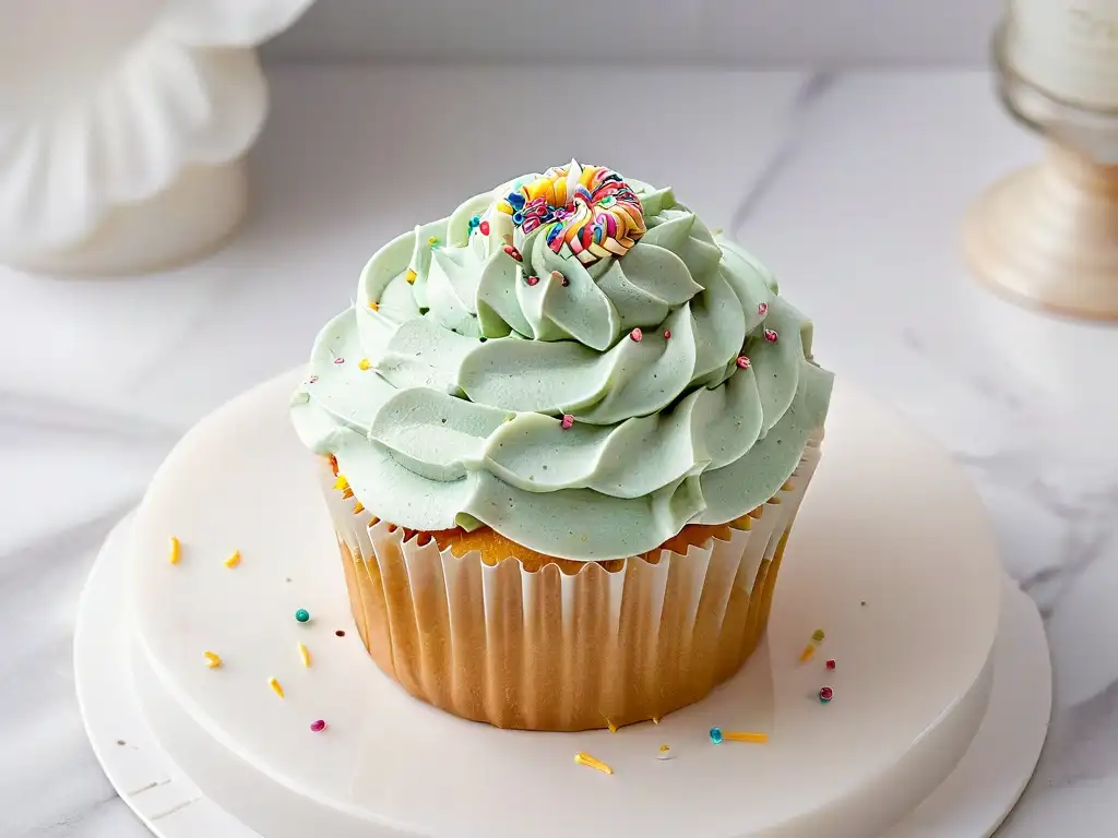 Cupcake temático para fiestas infantiles, con frosting y chispas coloridas en encimera de mármol blanco