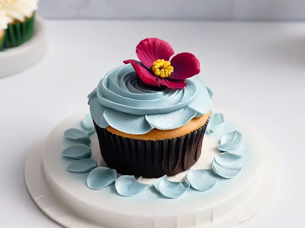 Un cupcake vegano decorado con precisión y belleza, destacando la repostería ética