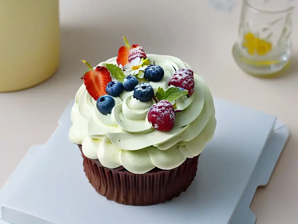 Un cupcake vegano decorado con perfección, frutas frescas y flores comestibles, sobre fondo blanco