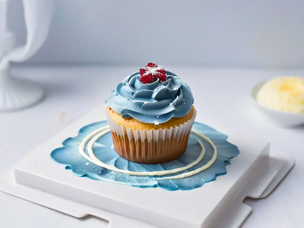 Un cupcake vegano delicado adornado con flores comestibles, en una elegante vajilla blanca