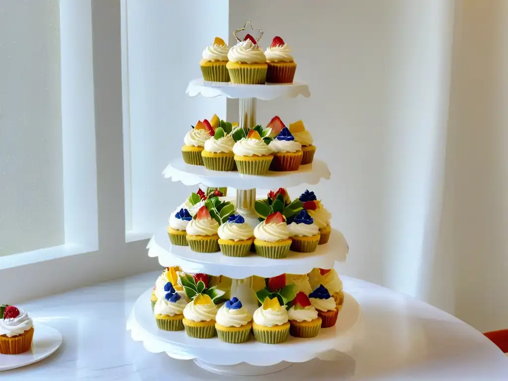 Exquisita exhibición de cupcakes artesanales en soporte decorado Cupcakes decorados en mesa de mármol blanco con luz natural