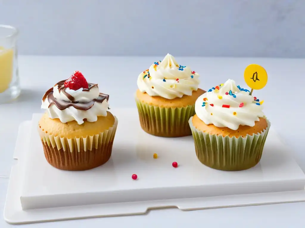 Dos cupcakes idénticos, uno con crema y chispas, otro con yogurt griego y frutas, en contraste por grasas trans en repostería saludable