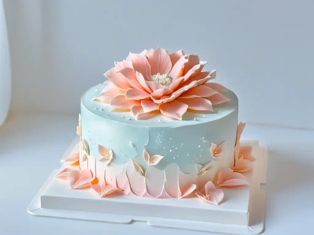 Cursos online decoraciones azúcar: Detalle de una flor de azúcar en tonos pastel sobre un elegante pastel blanco