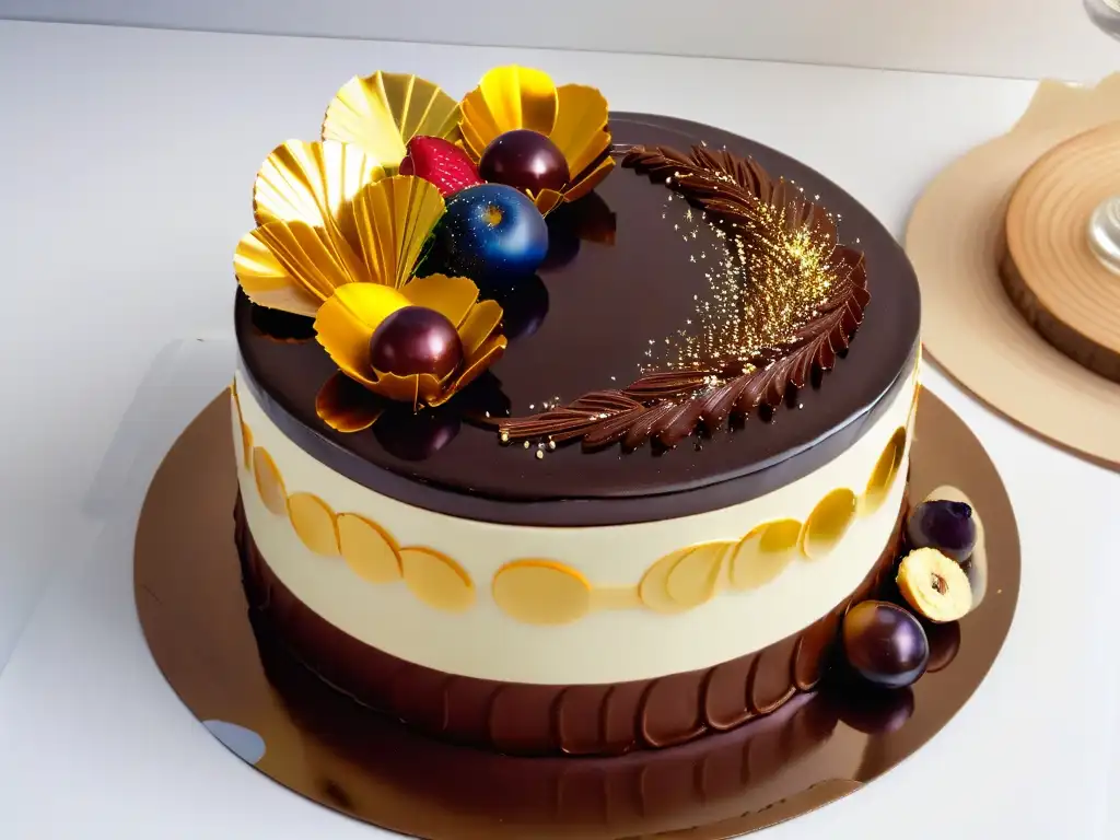 Cursos online repostería últimas tendencias: Detalle de un elegante entremet con espejo de colores, decoraciones de chocolate y hoja de oro