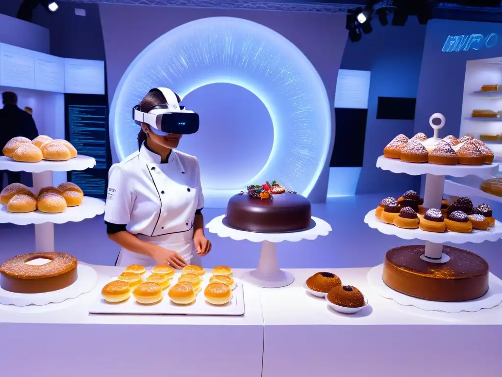 Cursos de repostería en Realidad Virtual: ambiente futurista de una panadería virtual con tecnología avanzada y calidez acogedora