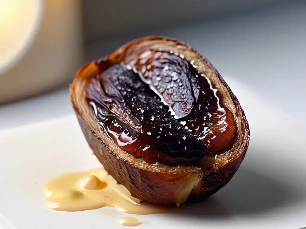 Un dátil siendo cortado, mostrando su interior pegajoso y dulce, perfecto endulzante saludable repostería dátil