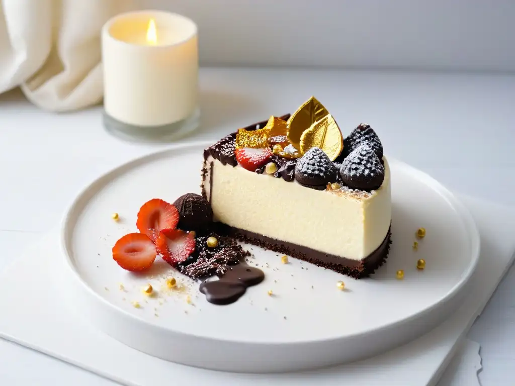 Un decadente cheesecake de trufa negra con chocolate y oro