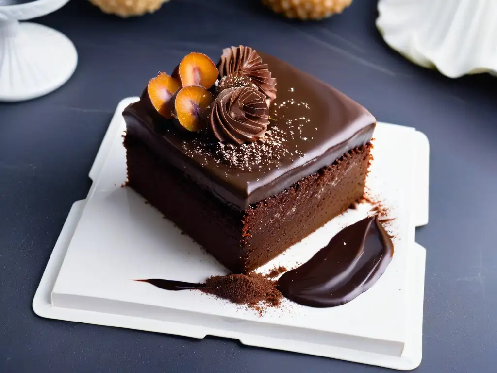 Delicioso y decadente pastel de chocolate con ganache en plato blanco Un decadente pedazo de pastel de chocolate sobre un plato blanco, con ganache brillante y adornos de chocolate