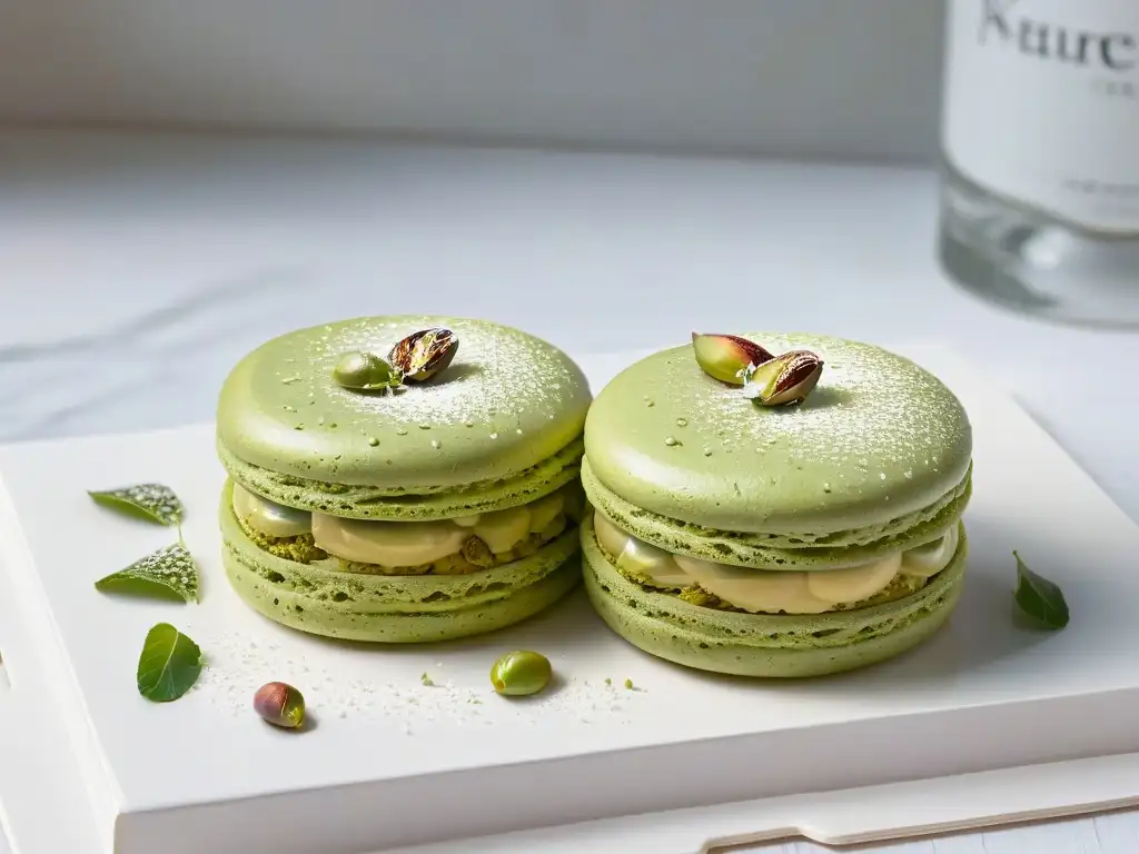 Un macaron decadente de pistacho con un brillo perfecto, relleno de trozos de pistacho, sobre un plato moderno