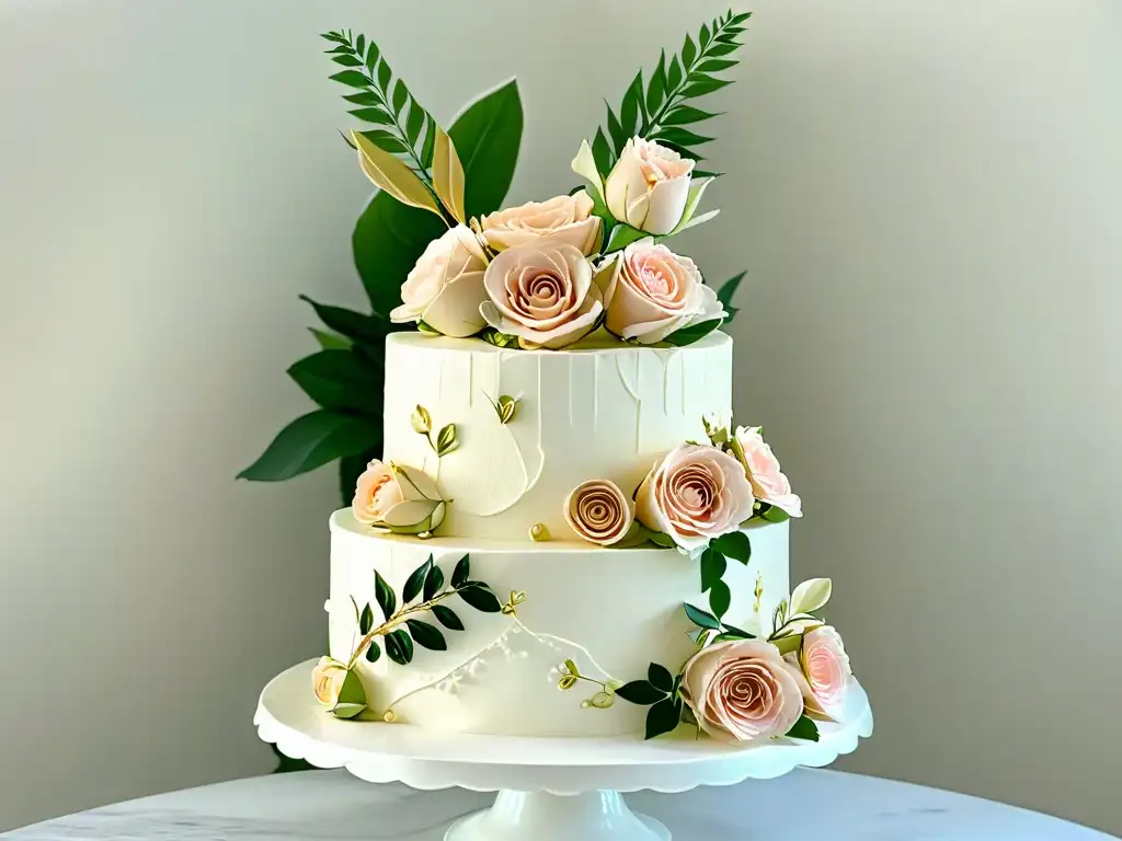 Decoraciones originales en pasteles de boda: elegante pastel de bodas con fondant blanco, detalles de hoja de oro, rosas rosadas y hojas de eucalipto