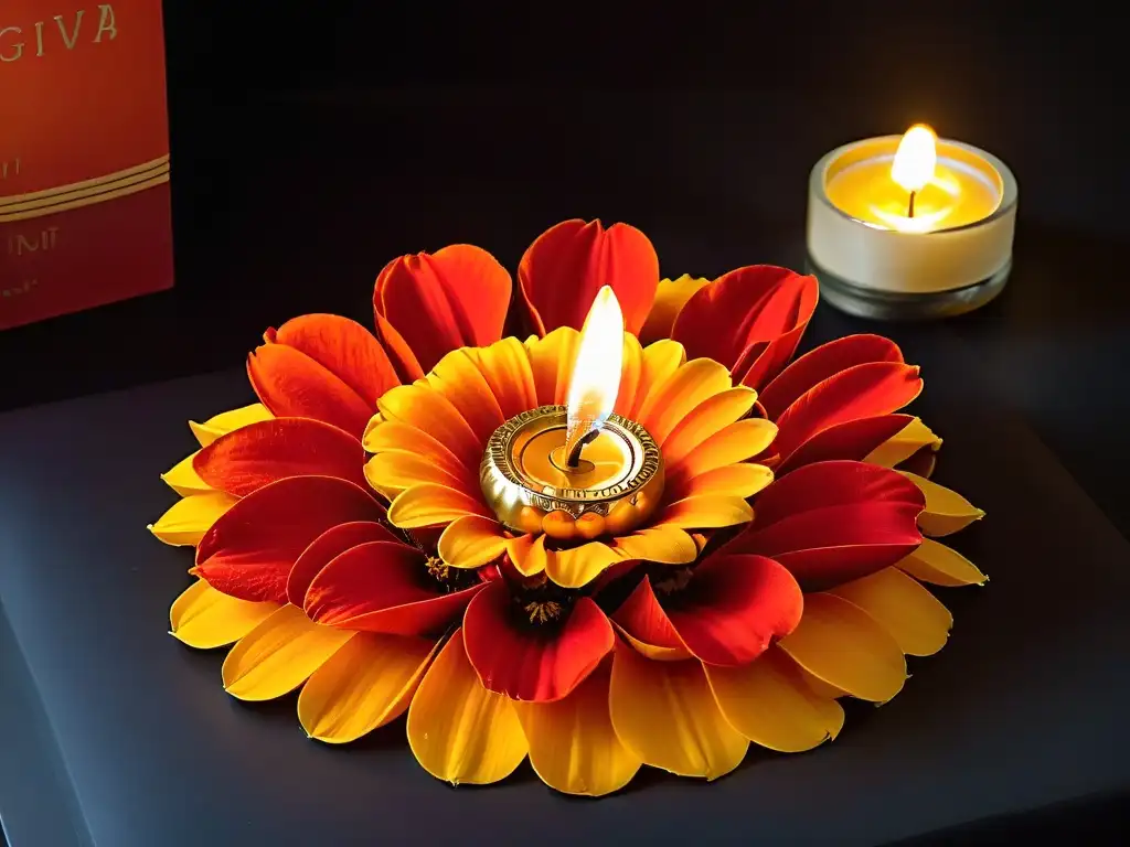 Lámpara Diya decorada sobre flores de cempasúchil, ambiente cálido y tranquilo para celebrar Diwali