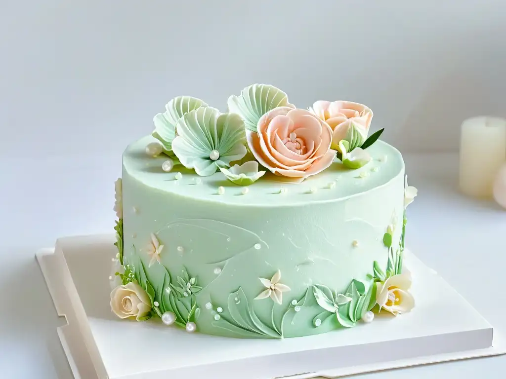 Decorado exquisito de pastel sin gluten, con flores de azúcar y perlitas comestibles