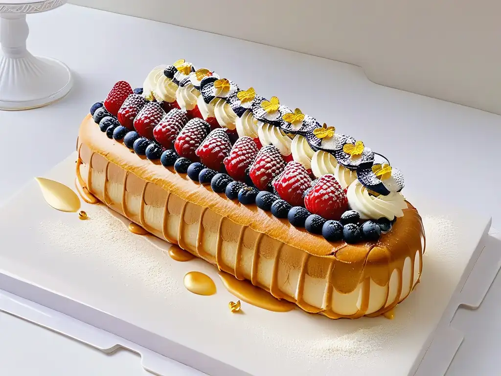 Éclair decorado con frutas frescas y crema, bañado en glaseado brillante, sobre fondo blanco