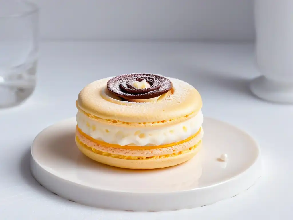 Un macaron delicadamente decorado en un plato blanco