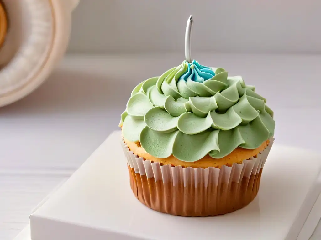 Un decorado preciso en un cupcake con manga pastelera y frosting colorido, destacando la belleza de recetas repostería adaptadas limitaciones físicas