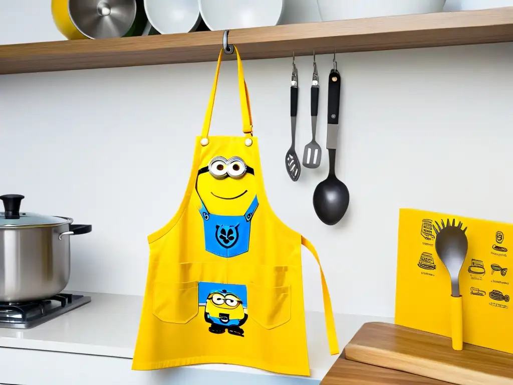 Delantal amarillo Minions colgando en gancho cocina moderna, con diseño divertido de utensilios cocina Minions repostería creativa