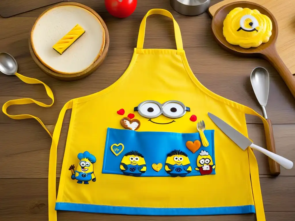 Un delantal y gorro de cocina Minions amarillos vibrantes con utensilios y escena de repostería creativa