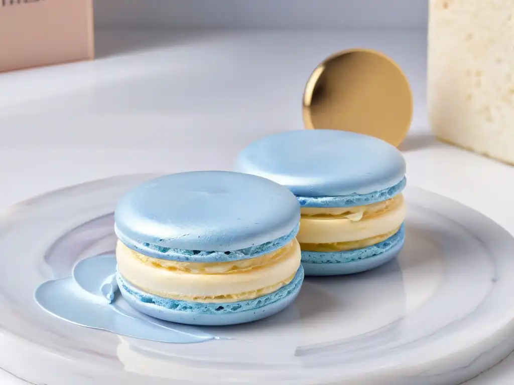 Un deleite multisensorial: un delicado macaron decorado con hoja de oro sobre un mostrador de mármol blanco