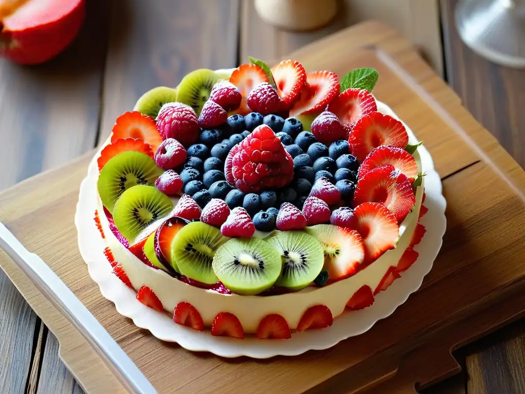 Dulce tentación: Detalle de exquisita tarta de frutas frescas Un deleite visual de una exquisita tarta de frutas armoniosa, con un diseño meticuloso y una presentación elegante