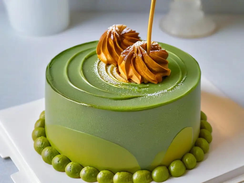 Un deleite visual: un glaseado de miso caramelizado sobre un cheesecake de matcha