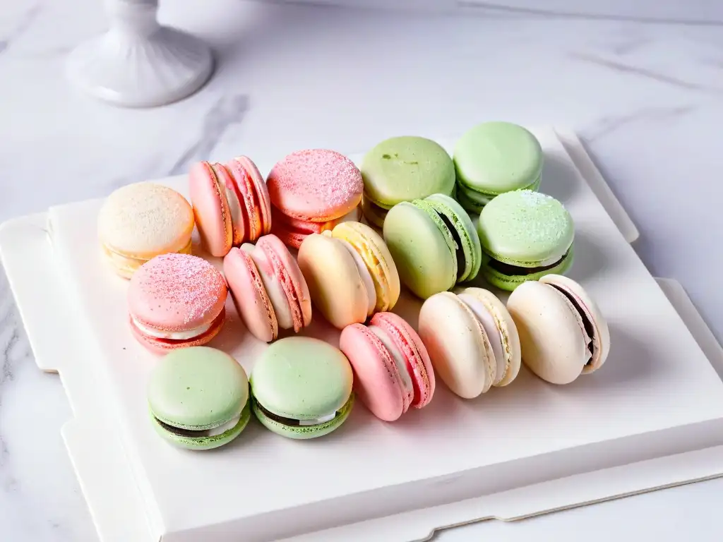 Un deleite visual de macarons perfectamente horneados en tonos pastel, rellenos de crema y elegante presentación