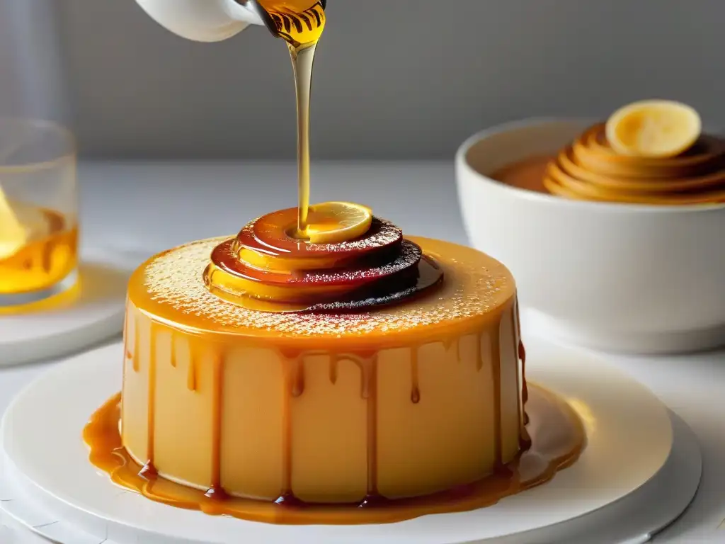 Un deleite visual: miel dorada fluyendo sobre postre caramelizado, creando un patrón hipnótico