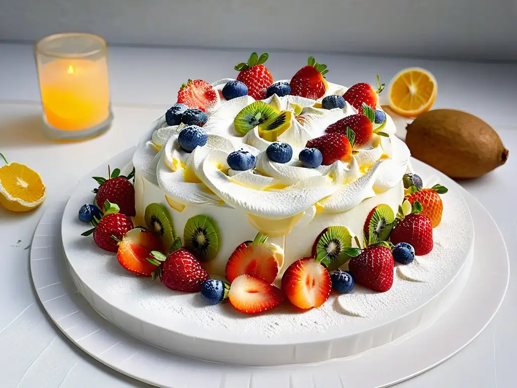 Un deleite visual: un plato blanco impecable con una Pavlova de merengue y frutas vibrantes delicadamente dispuestas