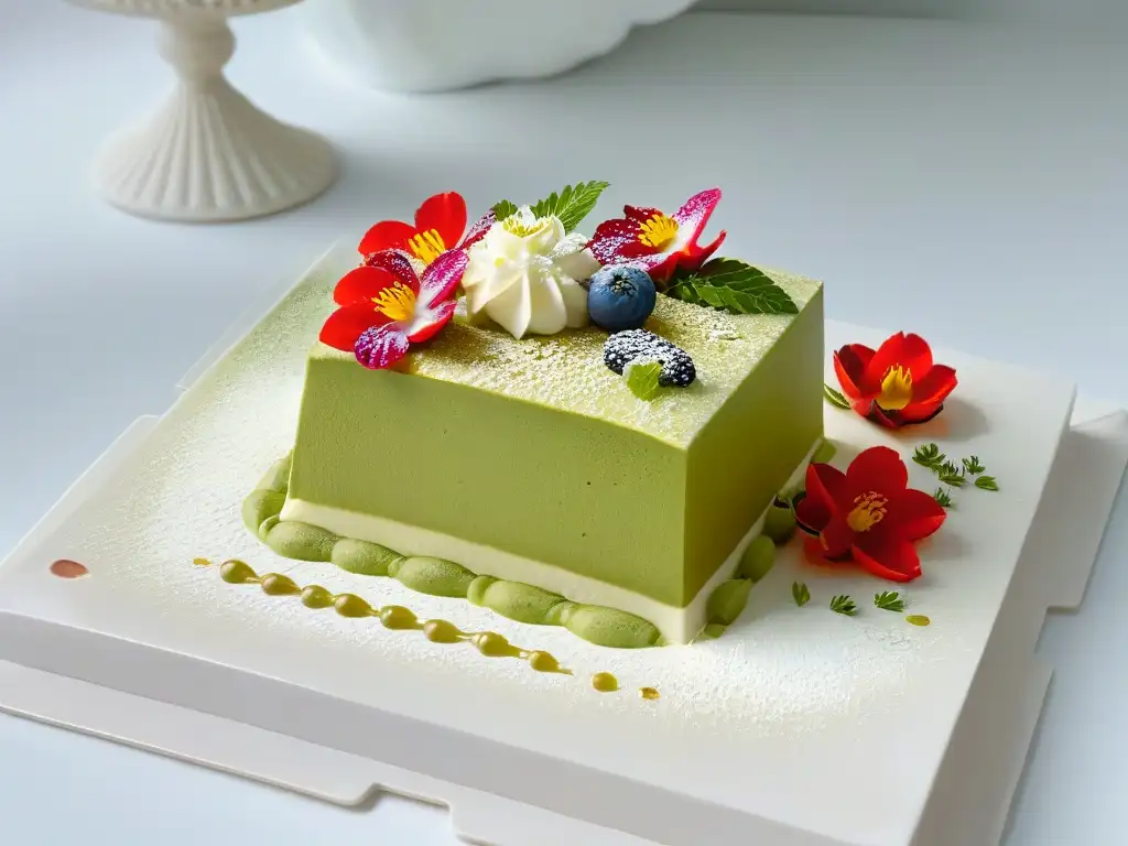 Un deleite visual de un postre de fusión para viajar con matcha tiramisú y glaseado de yuzu, decorado con flores comestibles y lámina de oro