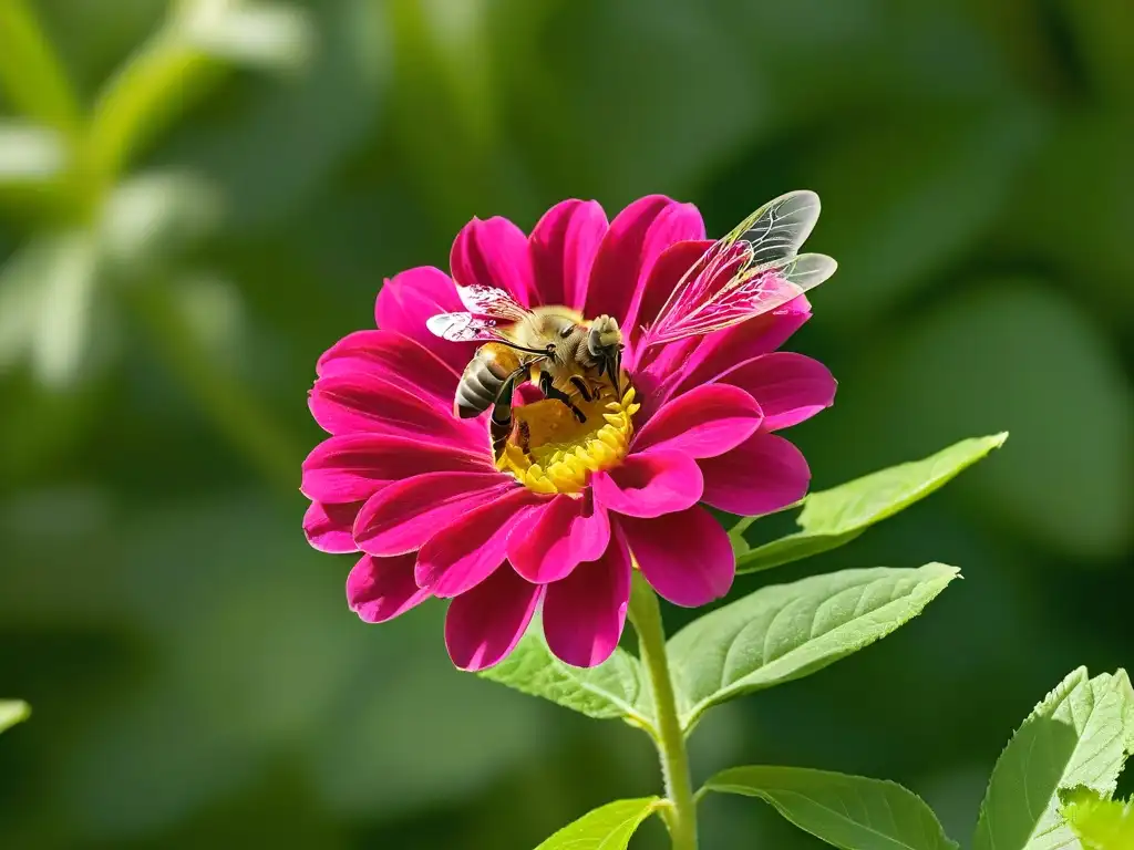 Delicada abeja recolectando néctar de flor rosa, detalle de alas y pétalos, en entorno verde