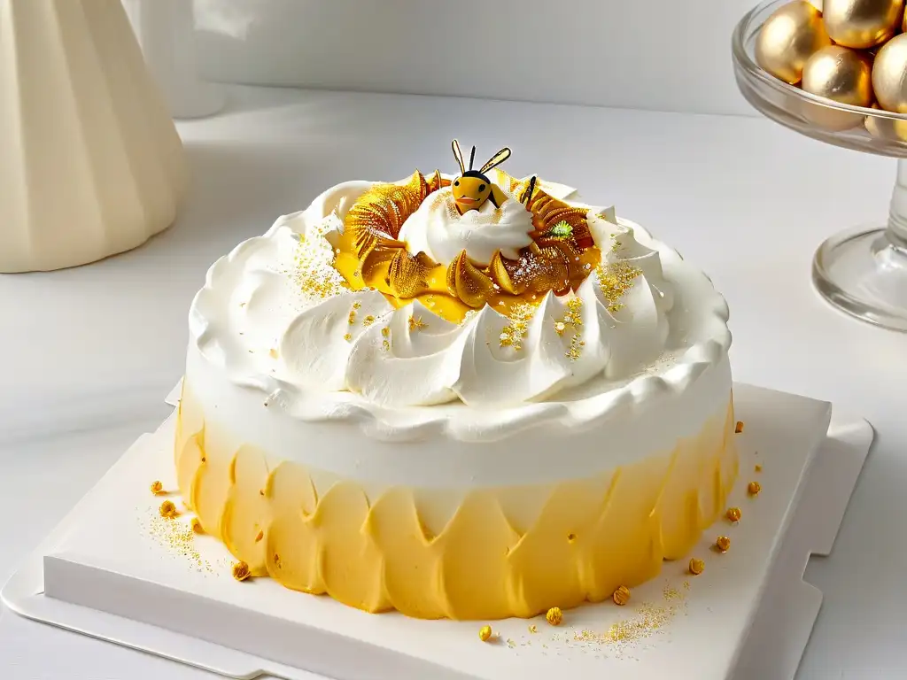 Delicada meringa adornada con polen de abeja dorado resalta la importancia de los huevos en repostería