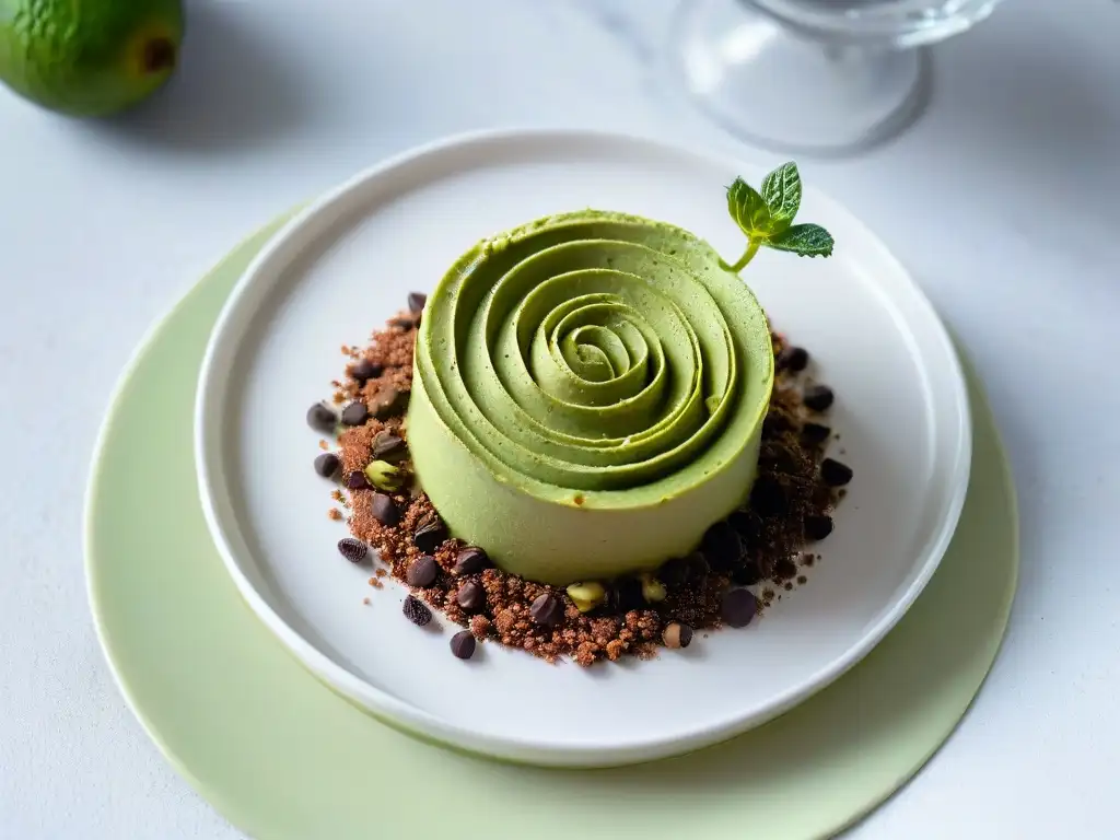 Delicada rosa de aguacate sobre mousse de chocolate saludable, con cacao y menta