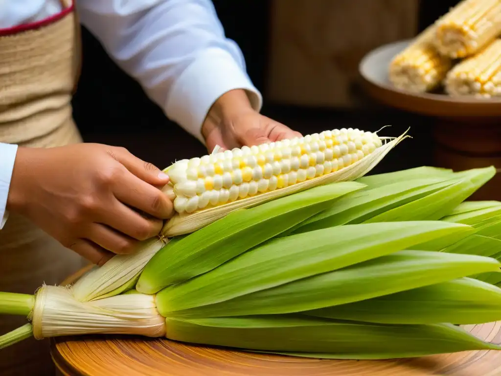 Delicada artesanía: expertas manos tejen con maestría una hoja de maíz para postres latinoamericanos con maíz