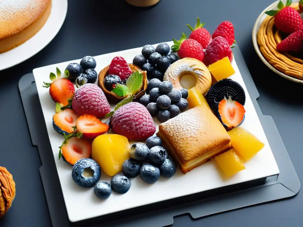 Una delicada bandeja de masas keto, con variedad de texturas y colores, decoradas con frutas frescas y frutos secos, sobre fondo blanco