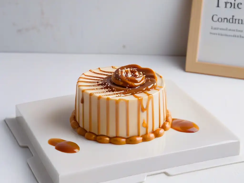 Delicada composición con bol pequeño de cerámica repleto de dulce de leche, decorado con caramelo, sobre mármol blanco