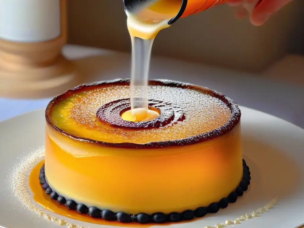 Delicada decoración de azúcar caramelizada siendo cuidadosamente tostada sobre un crème brûlée, mostrando la temperatura en repostería postres