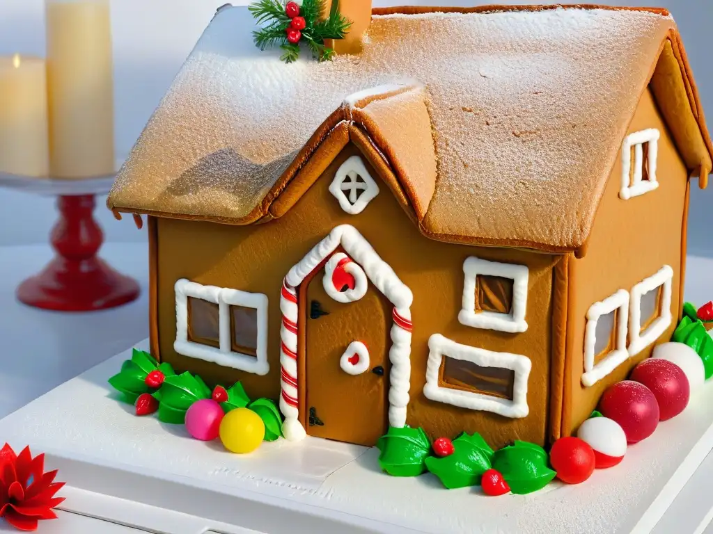 Detallada casa de jengibre sin azúcar para diabéticos Delicada casa de jengibre sin azúcar, decorada con detallados patrones de glaseado y dulces navideños sin azúcar, sobre fondo blanco