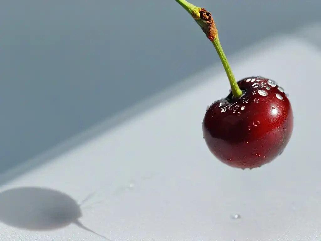 Deliciosa cereza roja en 8k: detalles exquisitos y frescura Delicada cereza roja madura con gotas de agua, realzando los beneficios de las cerezas deshidratadas