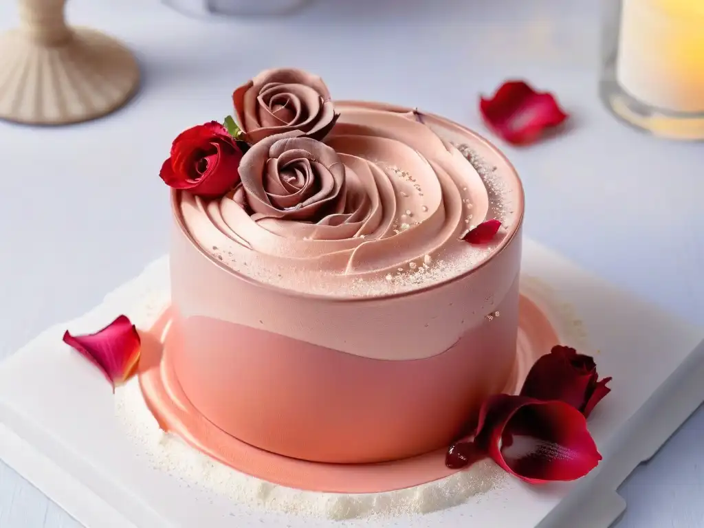 Delicada mousse de chocolate rubí en copa de cristal con pétalos de rosa y hojuelas doradas