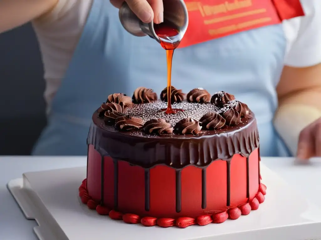 Delicada ganache de chocolate fundido cubriendo un exquisito pastel terciopelo rojo