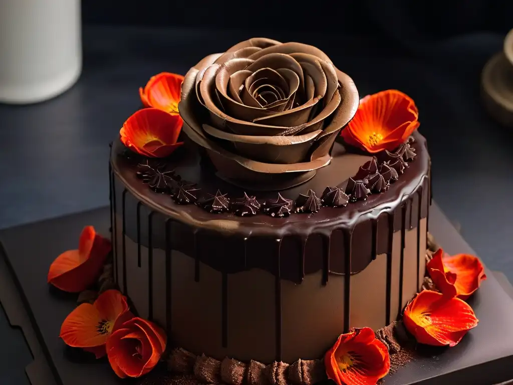 Delicada rosa de chocolate en pastel de ganache, un derroche de arte y sabor