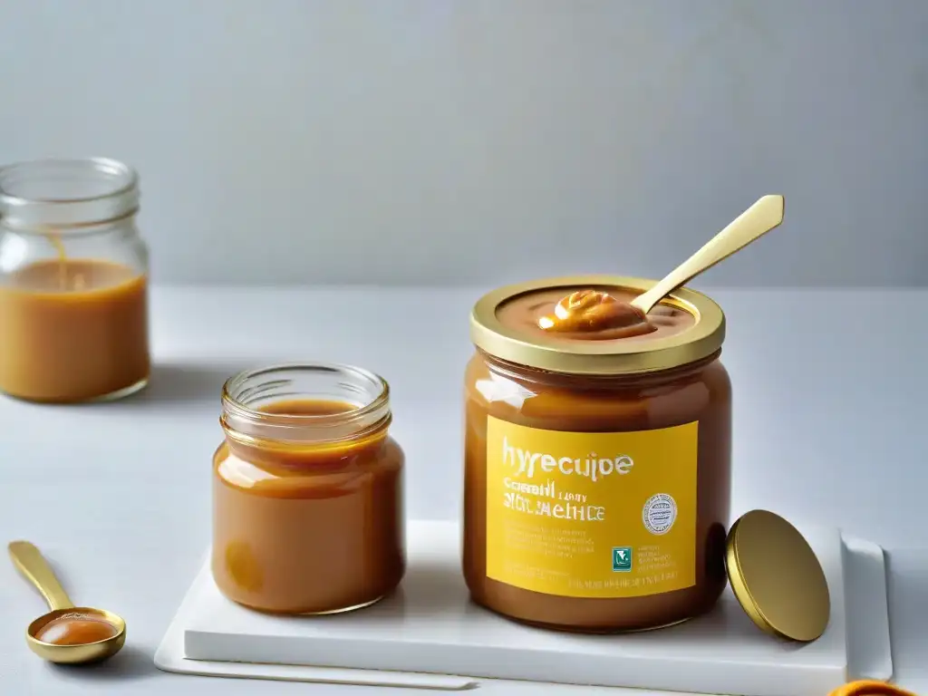 Delicada comparativa dulce de leche y arequipe en tonos dorados, resaltando sus texturas caramelizadas y pureza natural