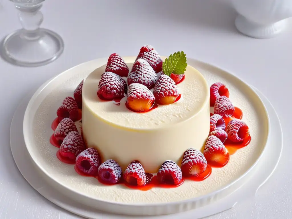 Delicada panna cotta de frambuesa con gelificación en repostería, decorada con coulis y fruta fresca