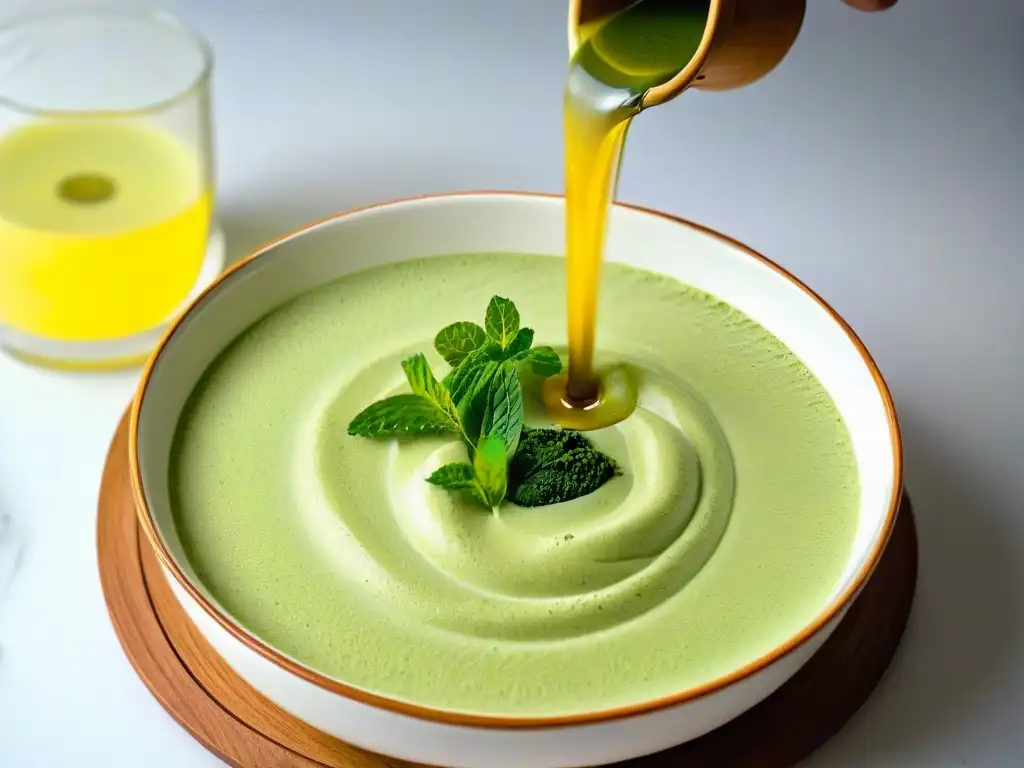 Delicada panna cotta de matcha con polvo verde cernido