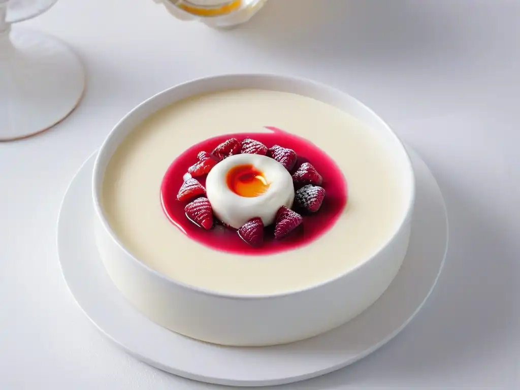 Delicada panna cotta de vainilla con coulis de frambuesa en un bol blanco